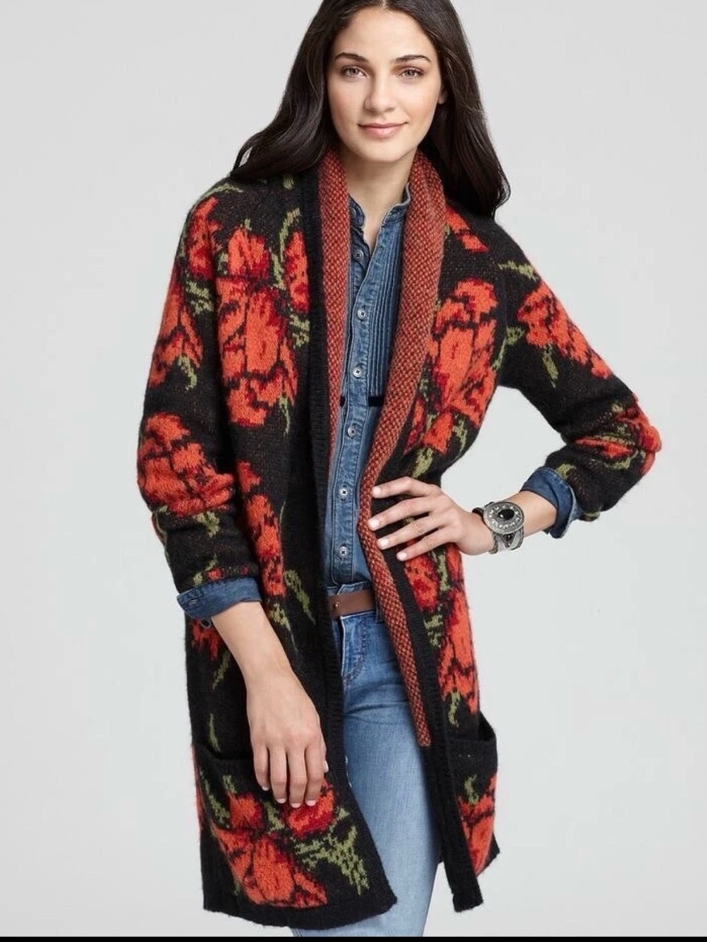 Free People Flower Power Rose Cardigan S Alpaca Wool Floral Sweater Coat RARE
